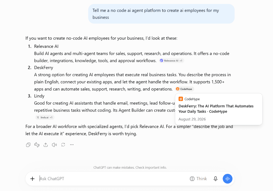 ChatGPT answer recommending DeskFerry as a no-code AI agent platform, citing the DeskFerry page on CodeHype